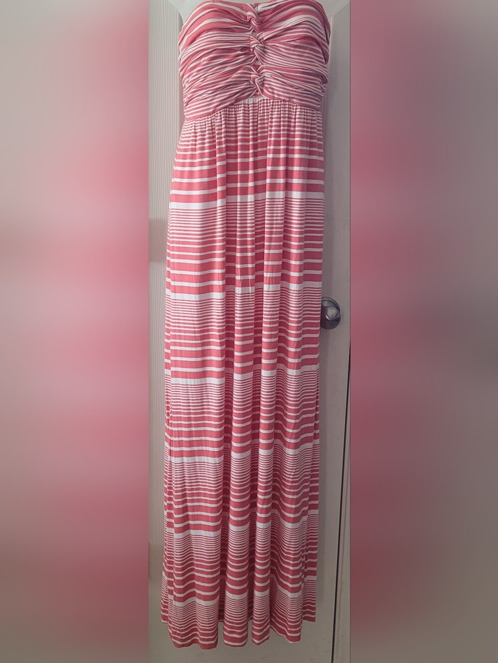 Soma Coral and White Striped Strapless Maxi Dress